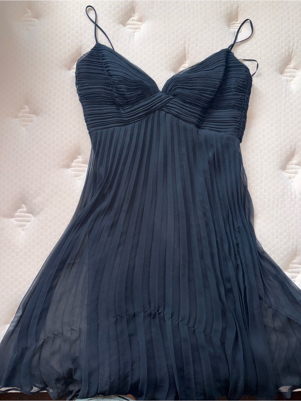 172. ABS Allen Schwartz Navy Pleated Spaghetti-Strap Mini Dress